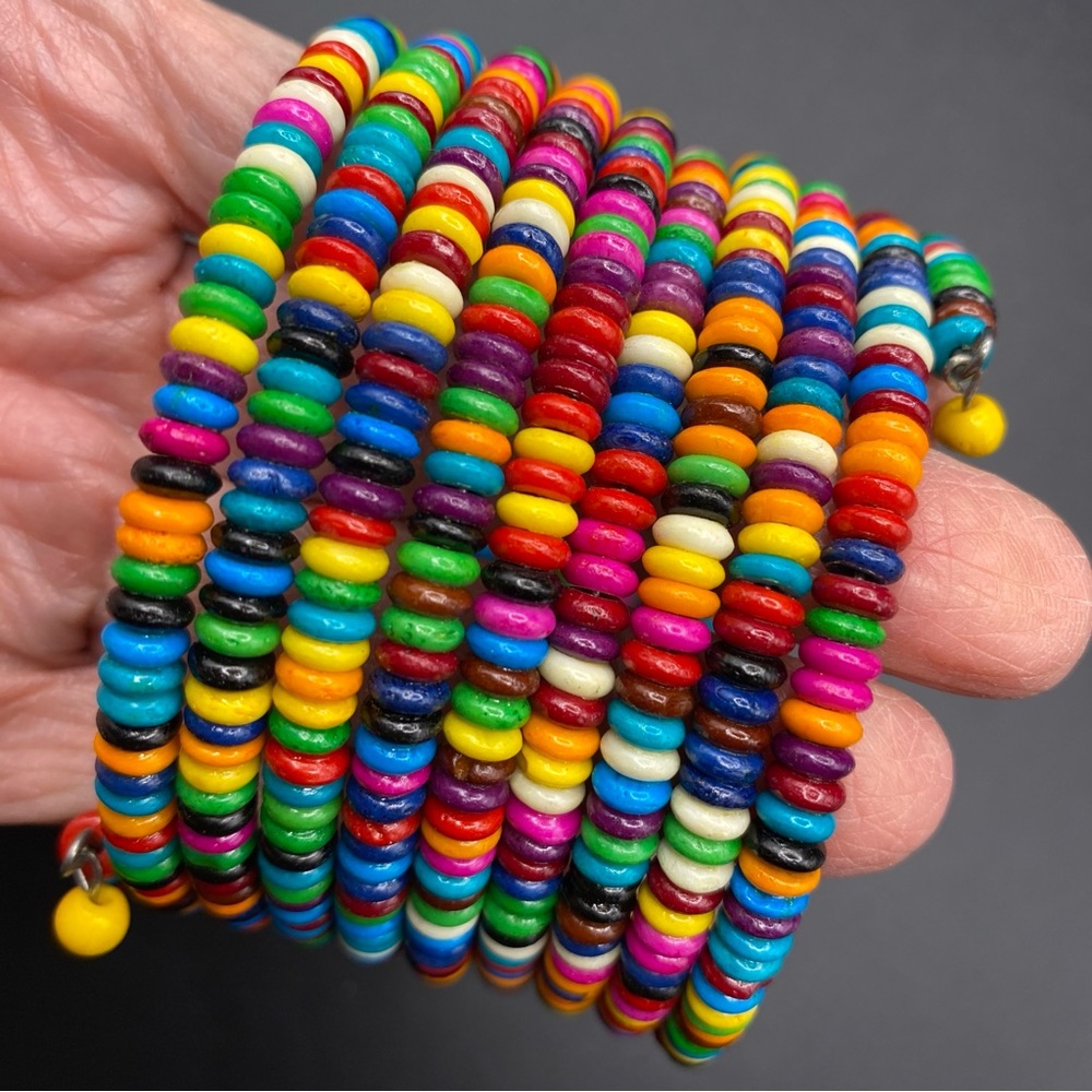 Chunky Colorful Beads Wide Artisan Made Memory Wire Bracelet - Picture 6 of 7